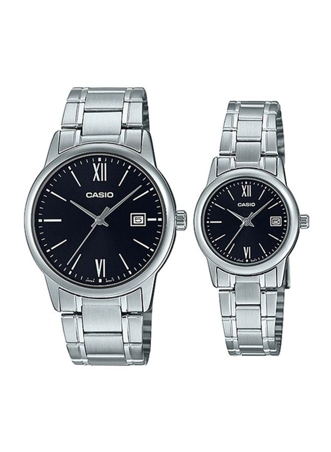 Casio Black Roman Stylish Dial Couple Gift Watches for His and Her MTP/LTP-V002D-1B3 - Image 1